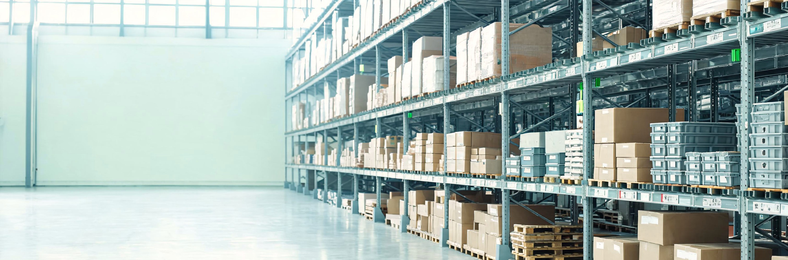 Shelving stocked with automotive parts and cartons in a spacious warehouse.