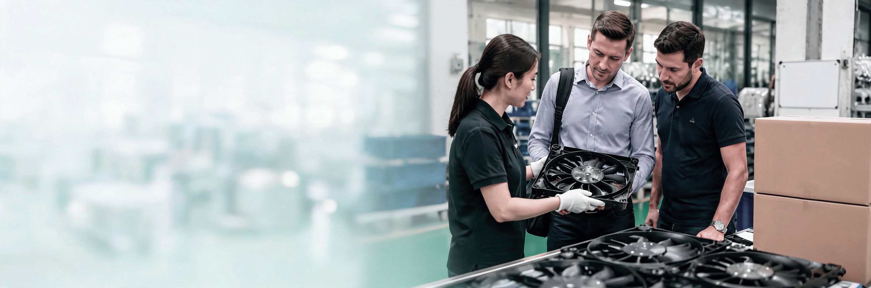 Visitors and a specialist discussing automotive parts during a showroom visit.
