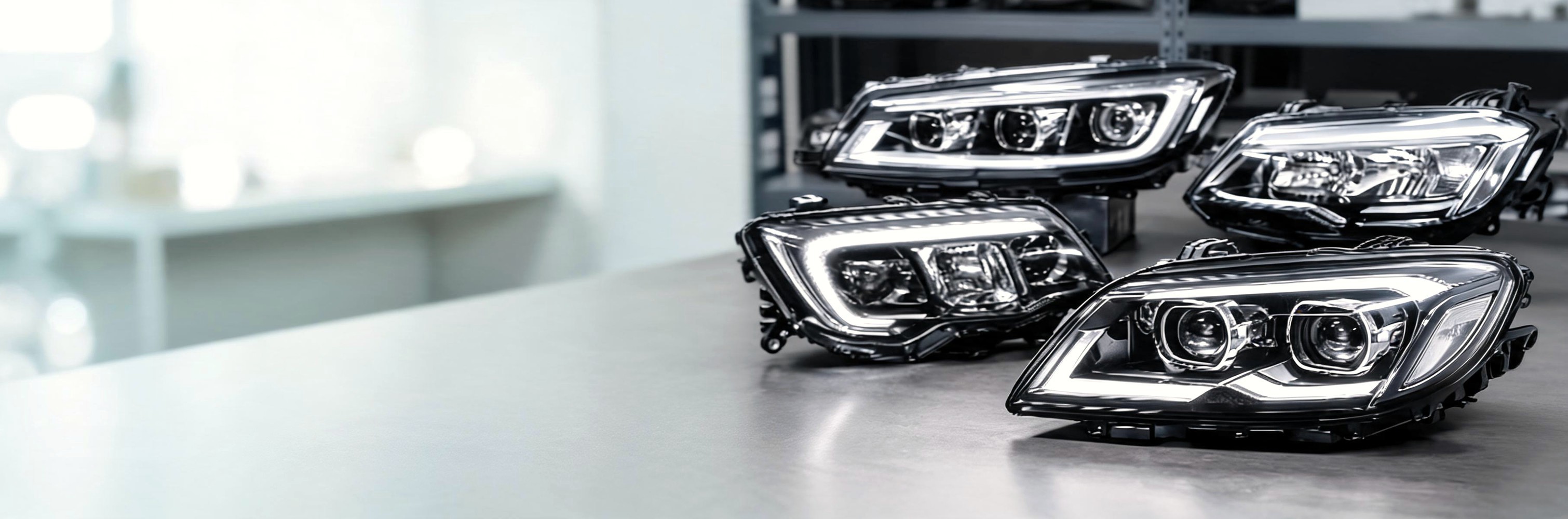 Selection of automotive headlamp assemblies displayed together.
